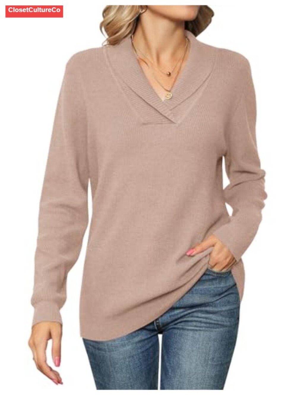 Women's Long Sleeve V Neck Pullover Sweater Knitted Collar